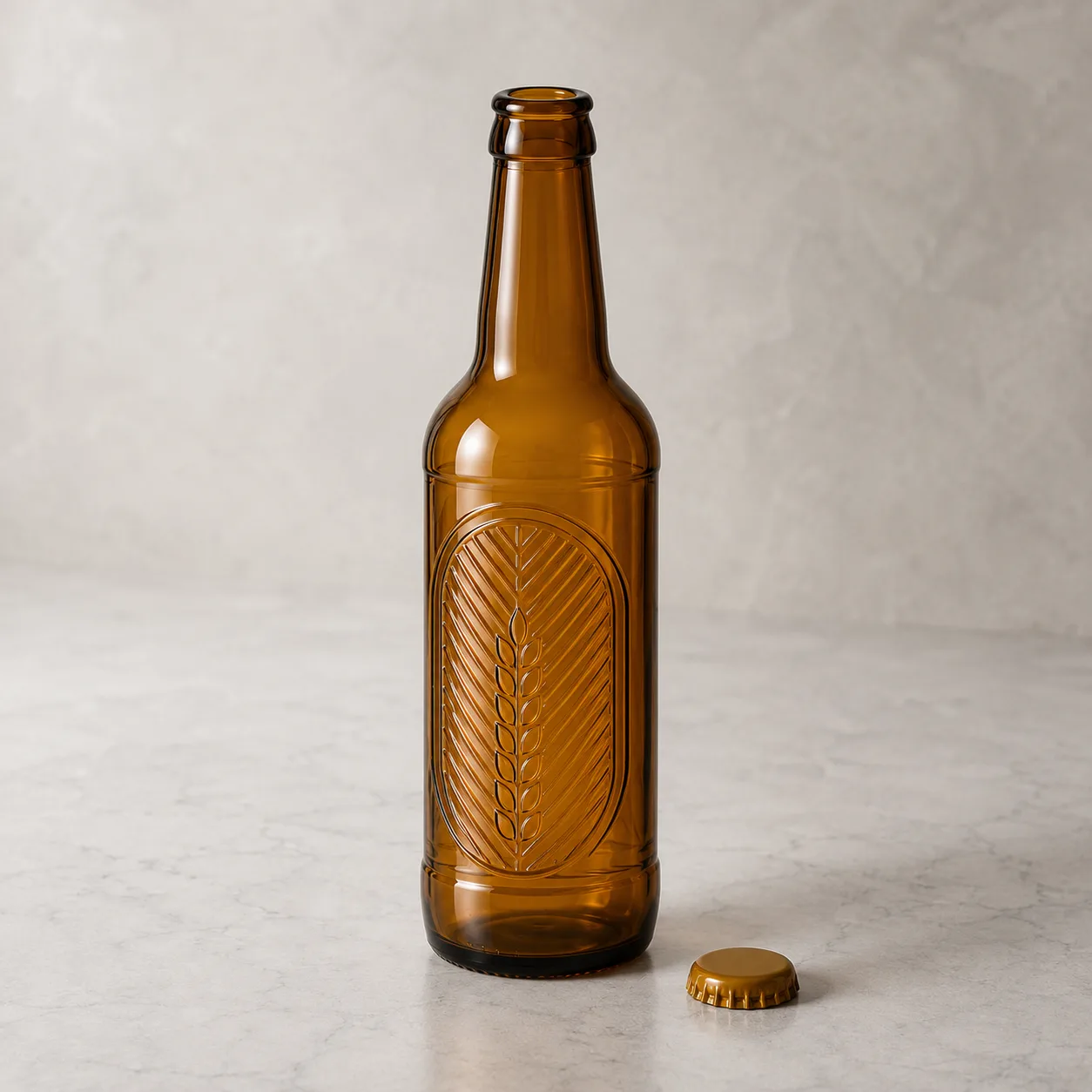 Angled side view of Amber Glass Embossed Beverage Bottle showing the outer profile