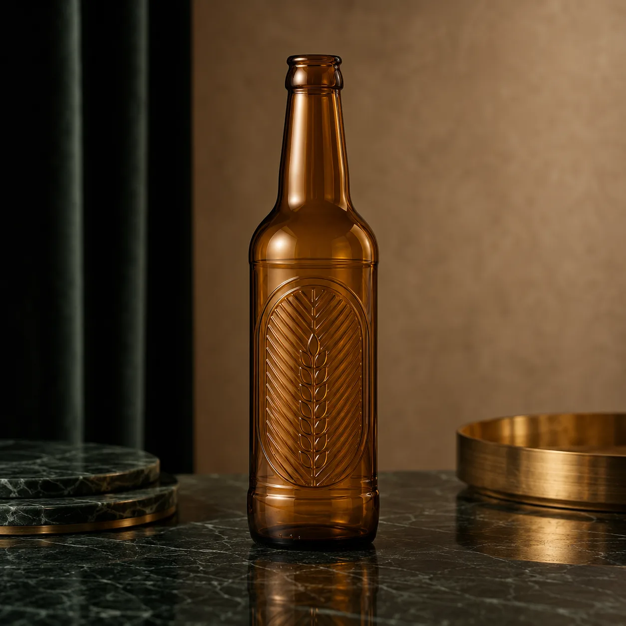 Amber Glass Embossed Beverage Bottle closure, neck finish and base detail