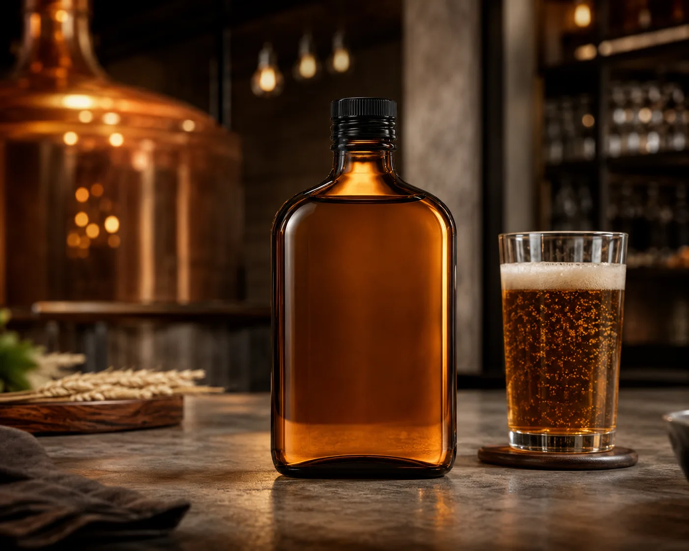 Amber Glass Flask Beverage Bottle in an amber glass packaging display for specialty beverages and private-label drink programs.