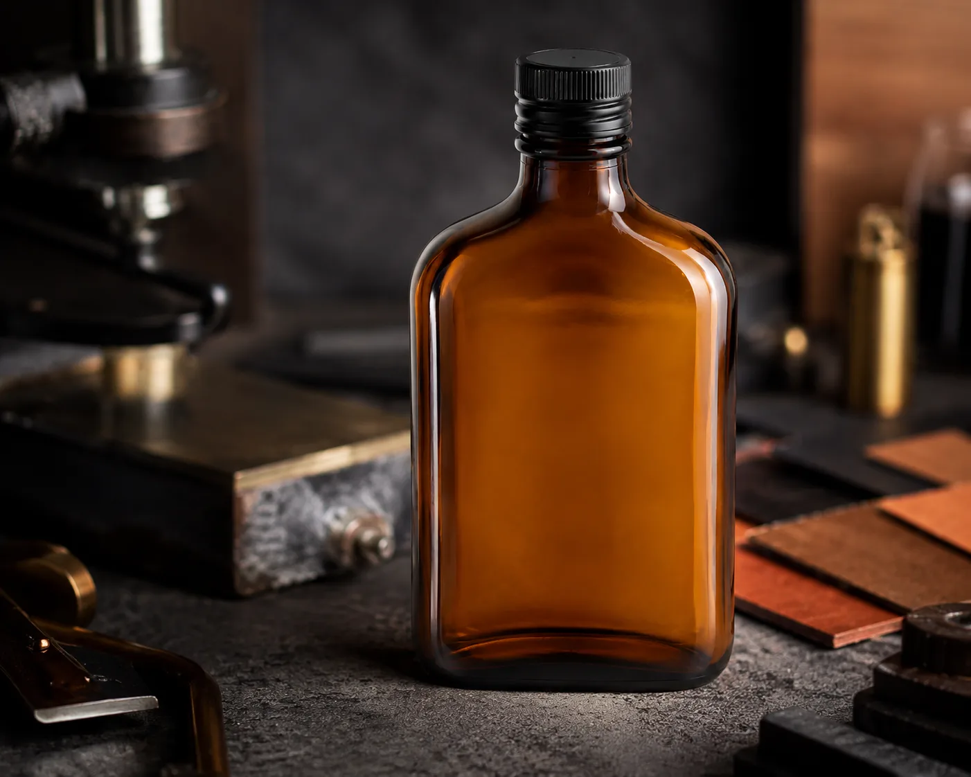 Amber Glass Flask Beverage Bottle in a coordinated amber glass product presentation.