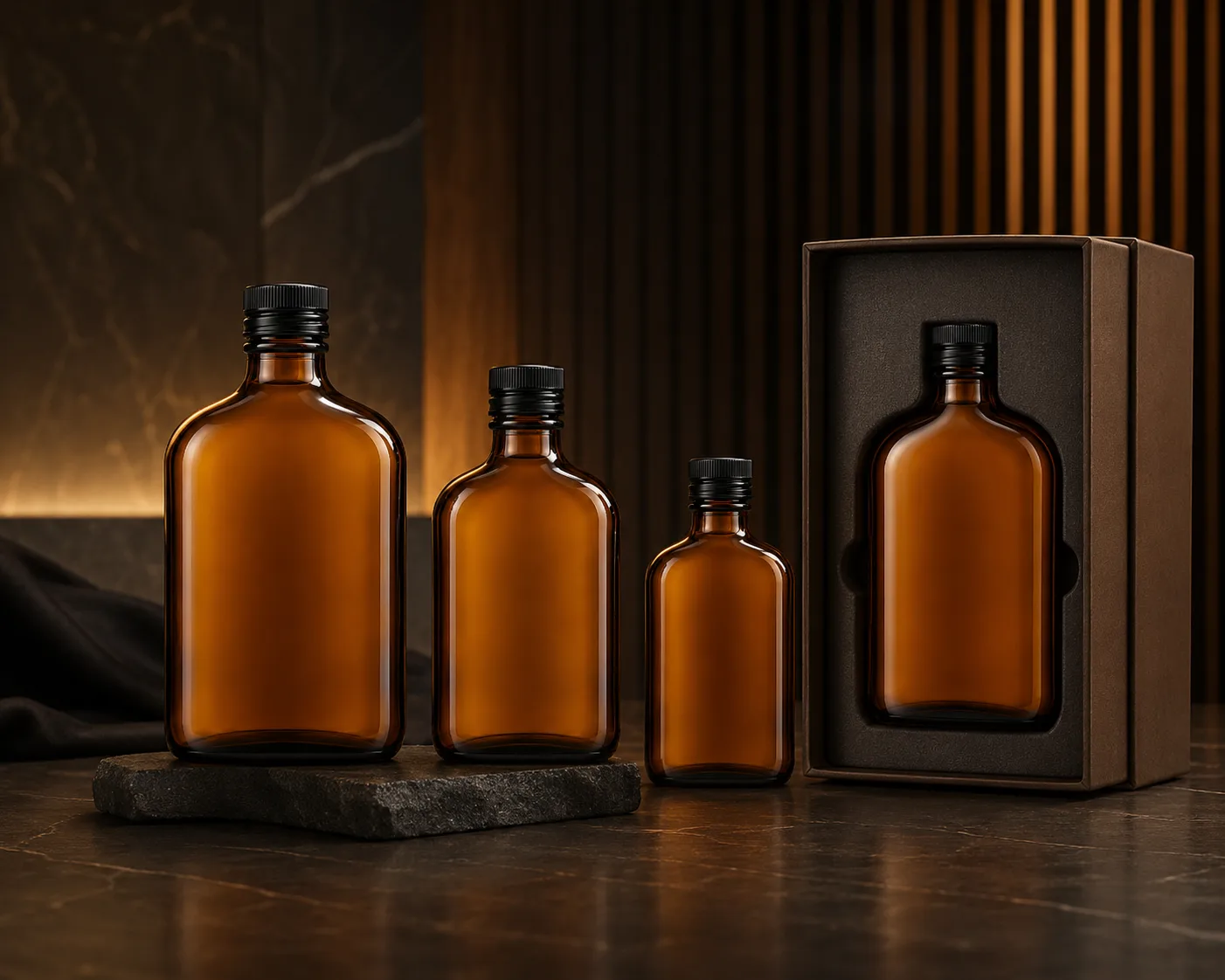 Close-up of Amber Glass Flask Beverage Bottle showing the shoulder, base and glass finish.