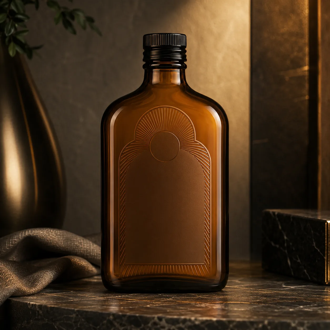 Amber Glass Flask Beverage Bottle closure, neck finish and base detail