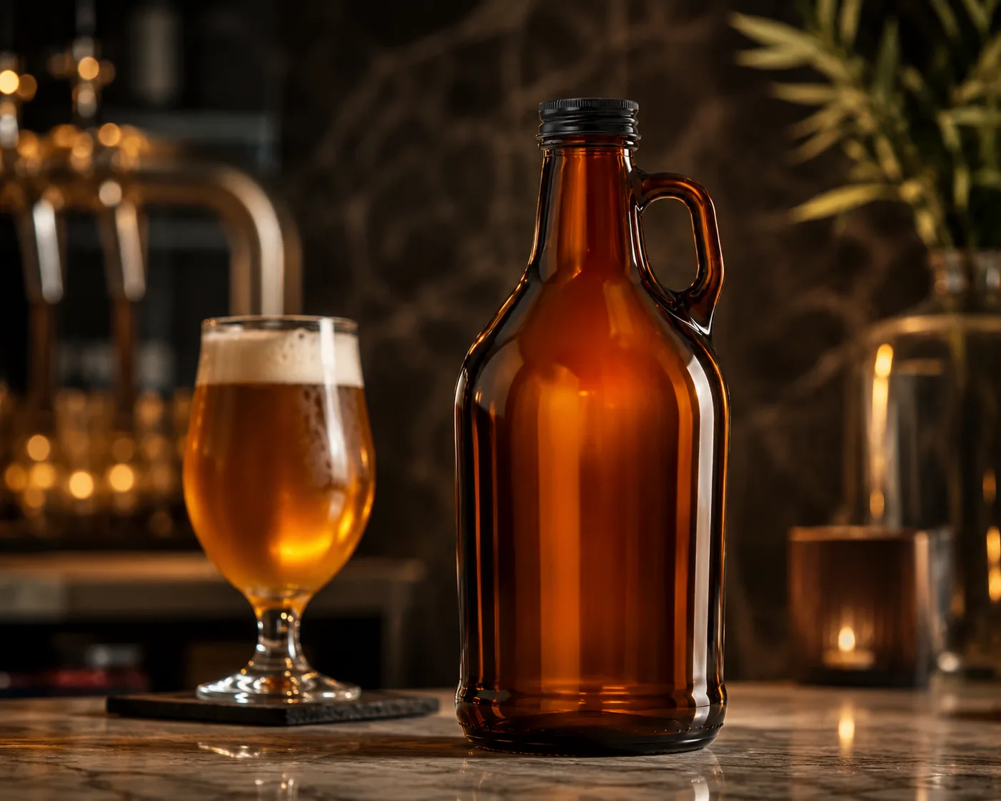 Amber Glass Growler Bottle in an amber glass packaging display for beer and kombucha.