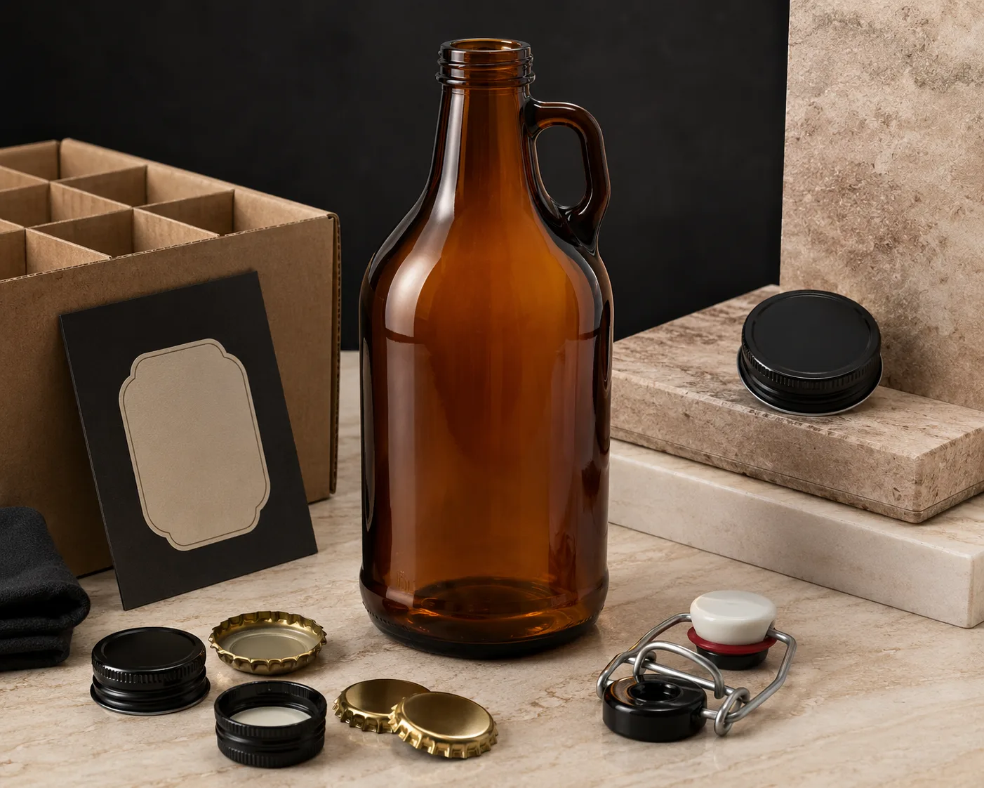 Amber Glass Growler Bottle in a secondary view highlighting the label area and amber glass color.
