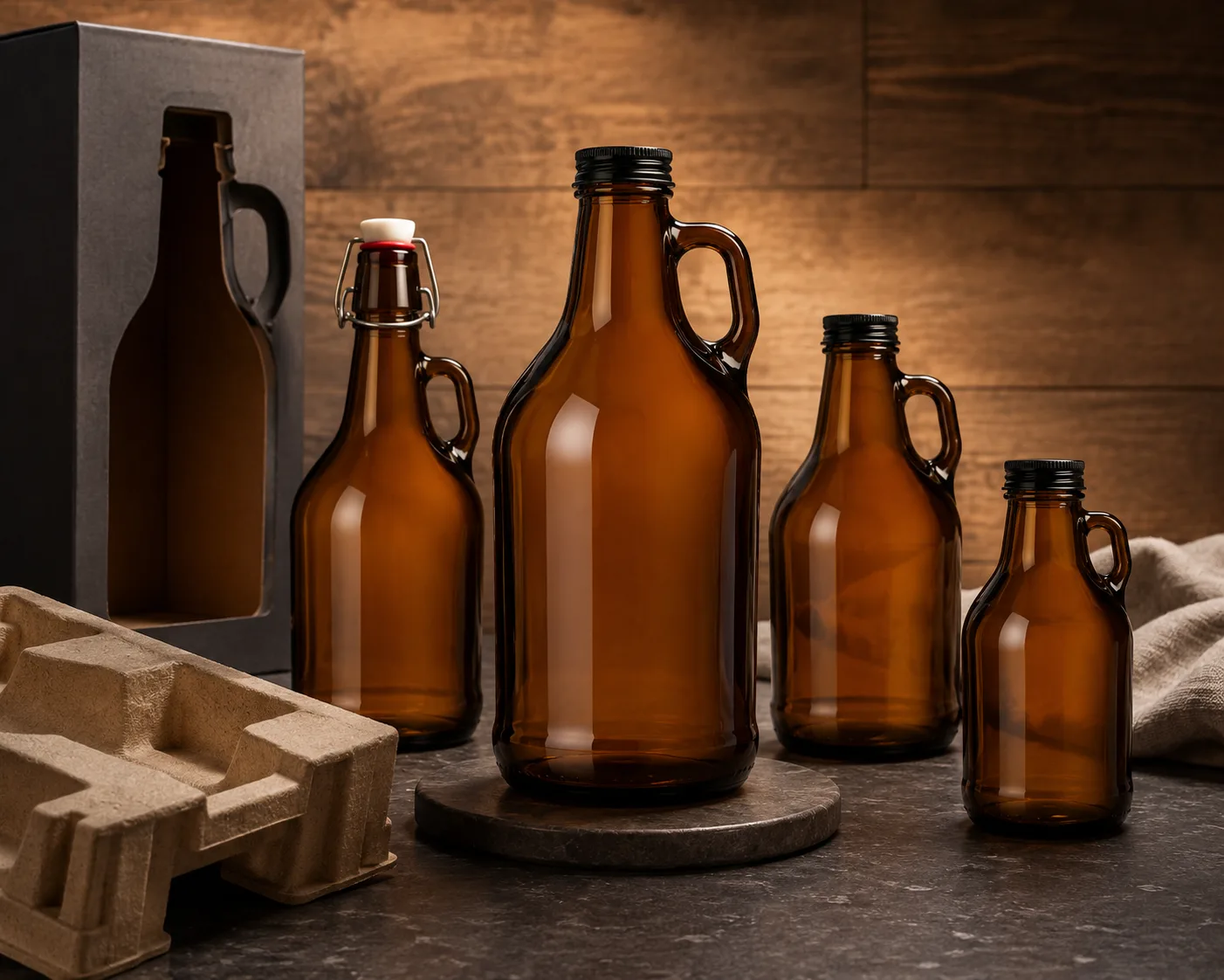Close-up of Amber Glass Growler Bottle showing the shoulder, base and glass finish.