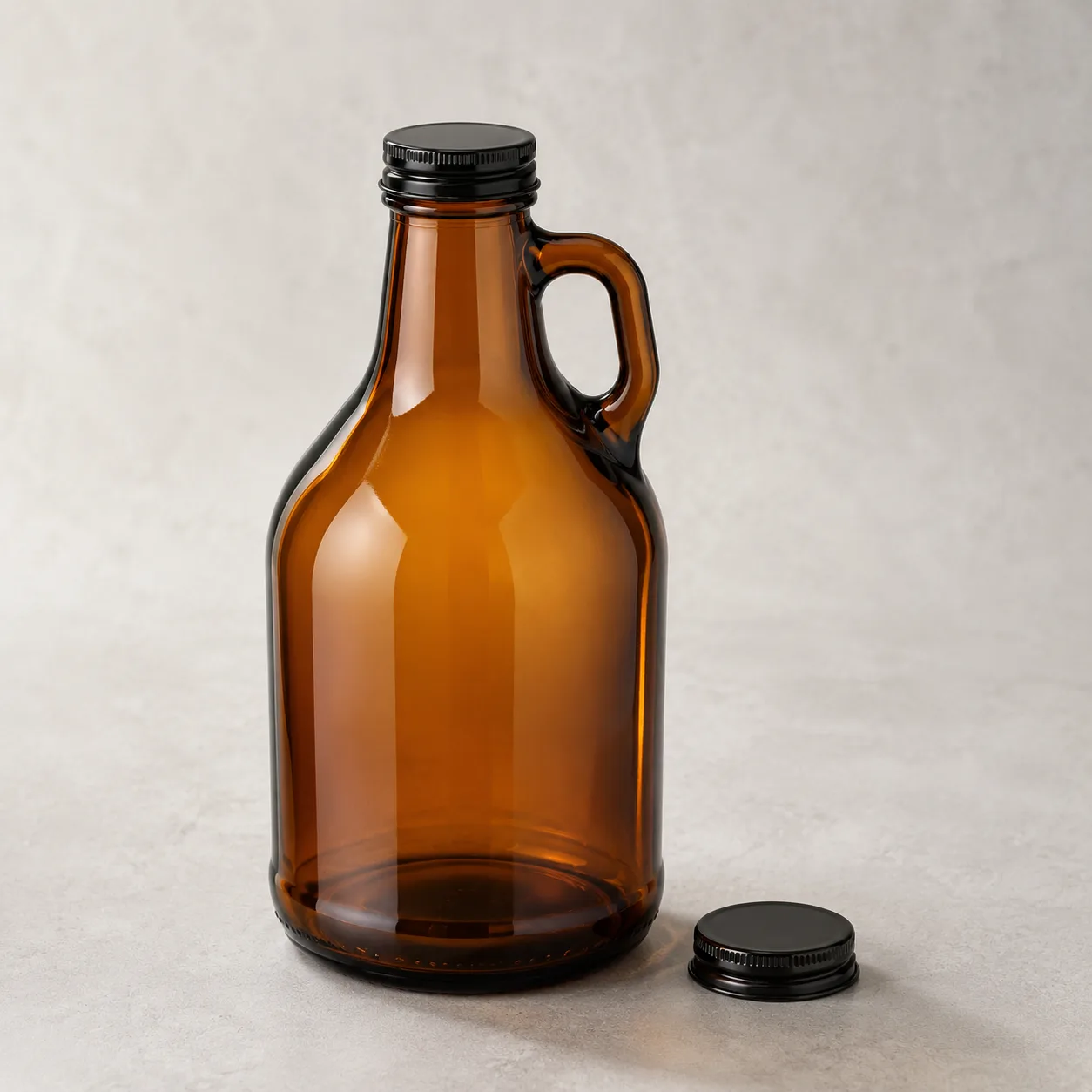 Angled side view of Amber Glass Growler Bottle showing the outer profile