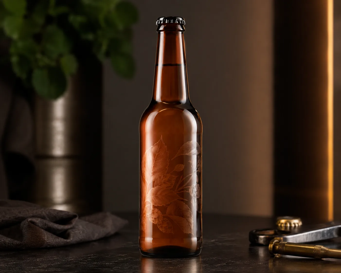 Amber Glass Kombucha Bottle in a coordinated amber glass product presentation.