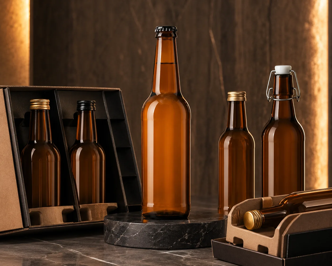 Close-up of Amber Glass Kombucha Bottle showing the shoulder, base and glass finish.