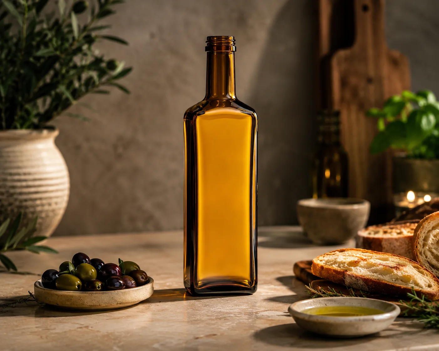 Amber Glass Marasca Oil Bottle in an amber glass packaging display for oils and extracts.
