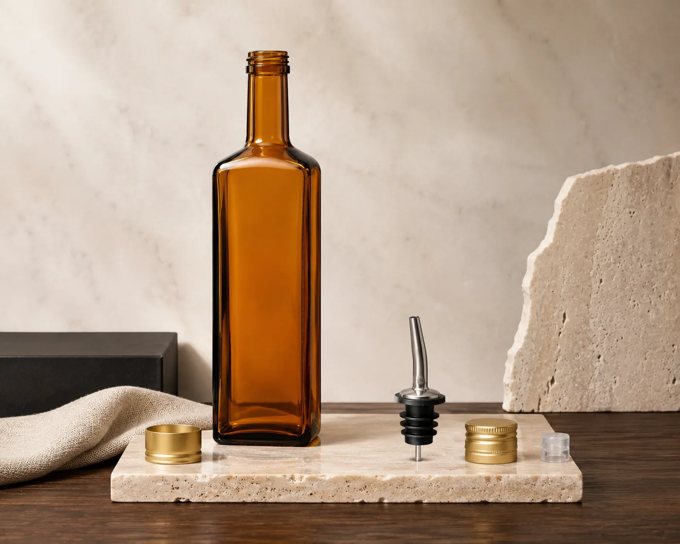 Amber Glass Marasca Oil Bottle in a secondary view highlighting the label area and amber glass color.