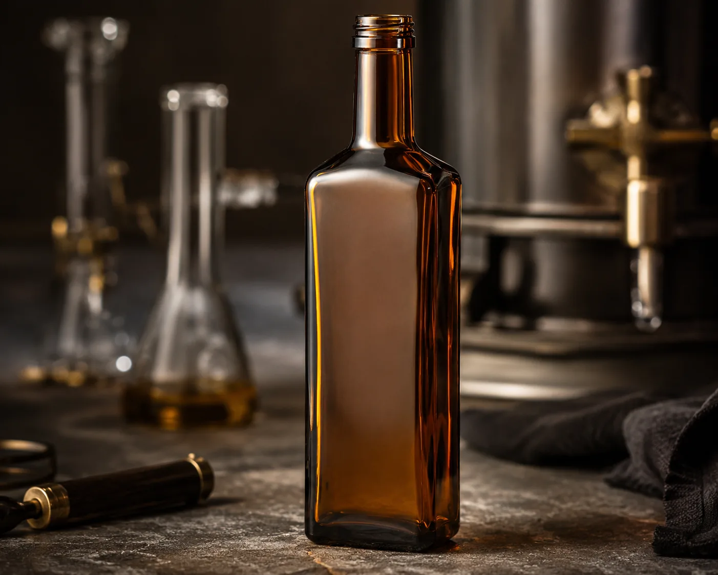 Amber Glass Marasca Oil Bottle in a coordinated amber glass product presentation.