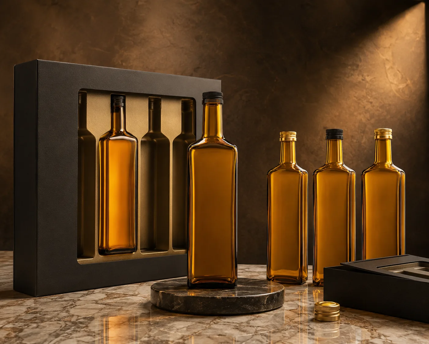 Close-up of Amber Glass Marasca Oil Bottle showing the shoulder, base and glass finish.