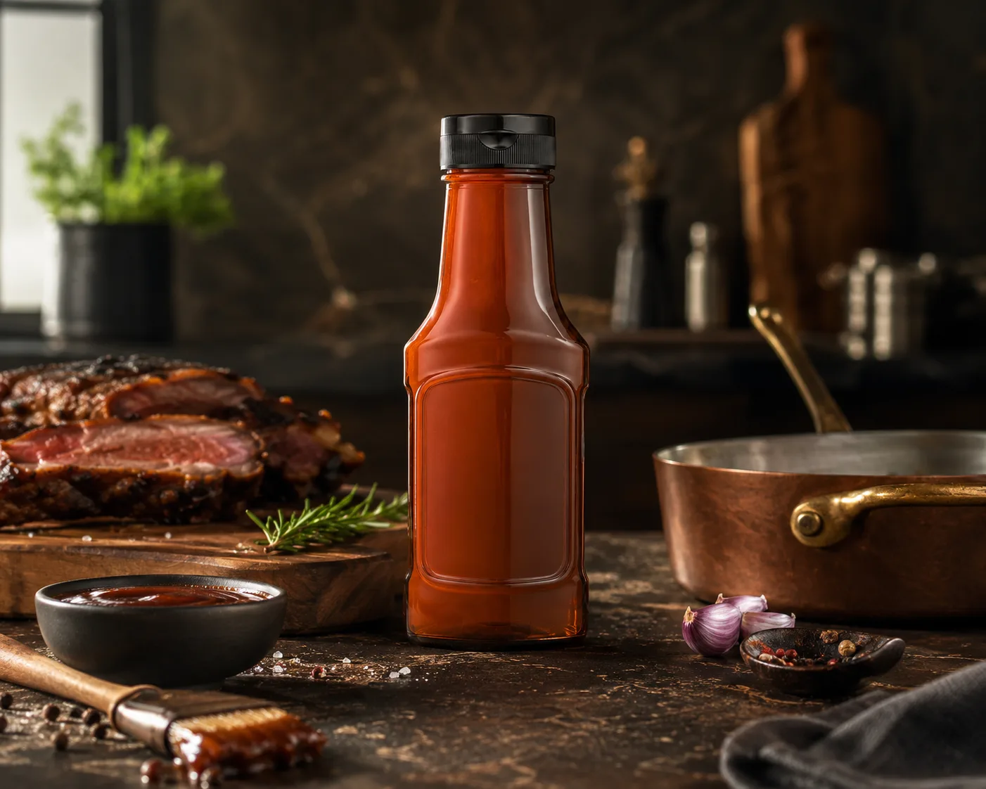 Amber Glass Sauce Bottle in an amber glass packaging display for sauces and vinegar.