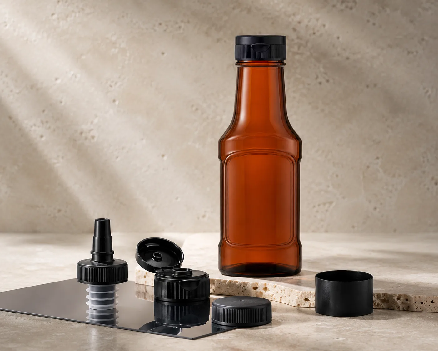 Amber Glass Sauce Bottle in a secondary view highlighting the label area and amber glass color.