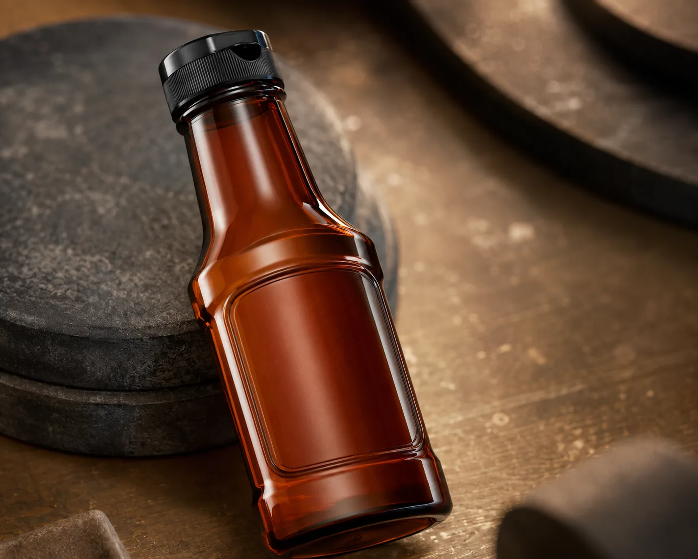 Amber Glass Sauce Bottle in a coordinated amber glass product presentation.