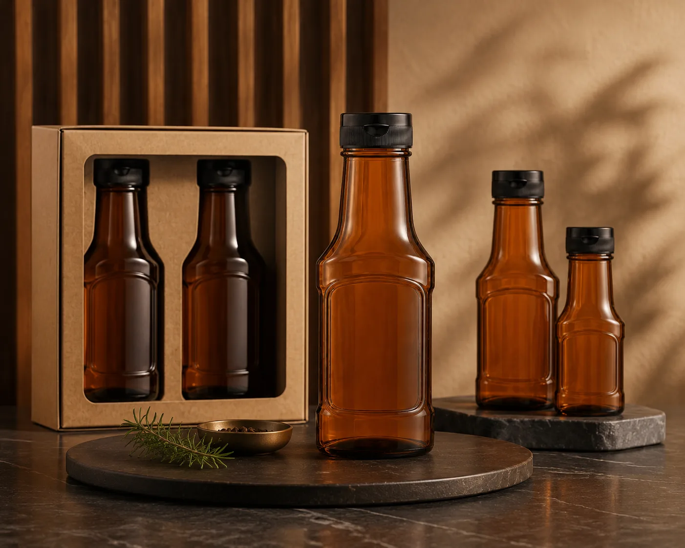 Close-up of Amber Glass Sauce Bottle showing the shoulder, base and glass finish.