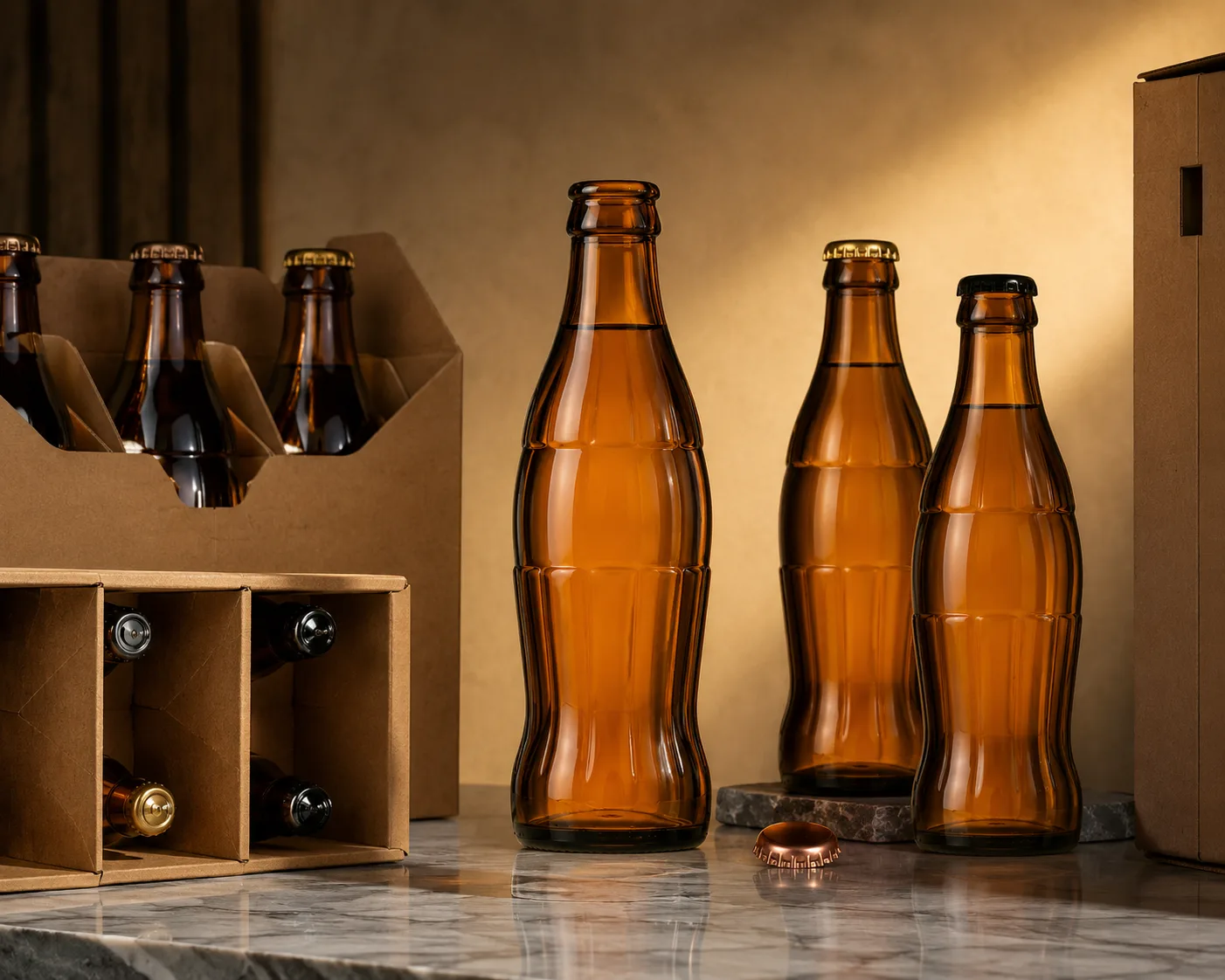 Close-up of Amber Glass Soft Drink Bottle showing the shoulder, base and glass finish.