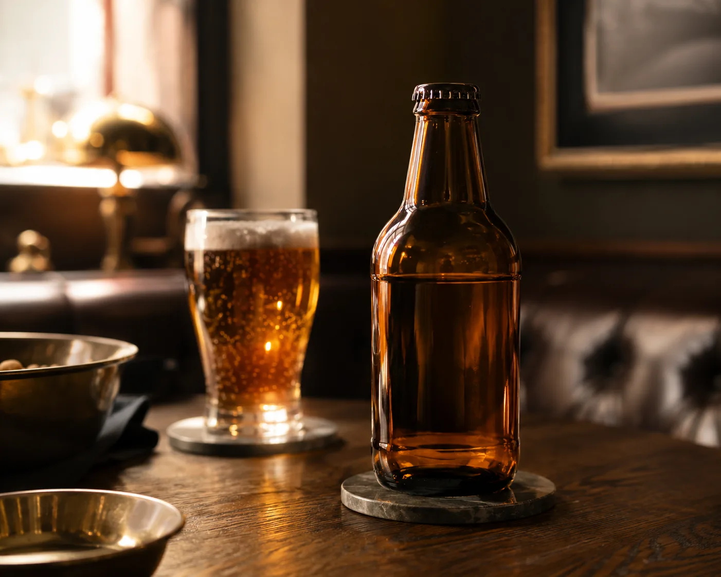 Amber Glass Stubby Beer Bottle in an amber glass packaging display for beer and malt beverages.