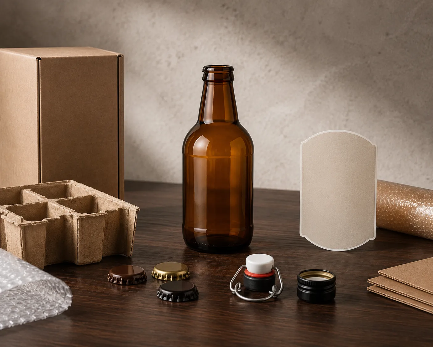 Amber Glass Stubby Beer Bottle in a secondary view highlighting the label area and amber glass color.