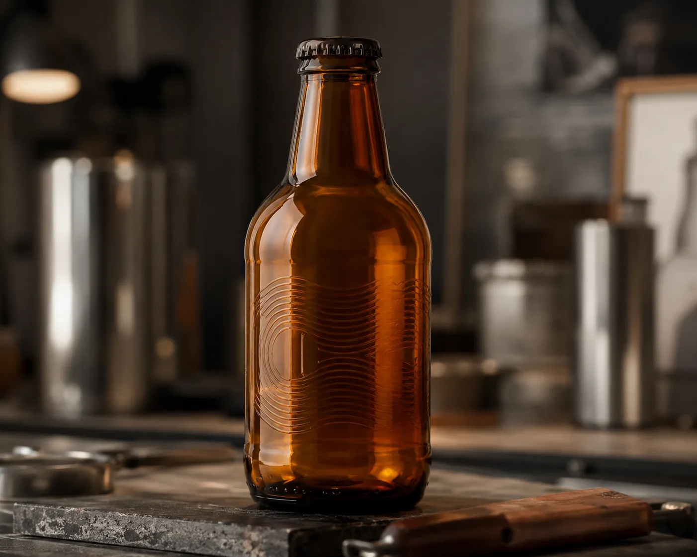 Amber Glass Stubby Beer Bottle in a coordinated amber glass product presentation.