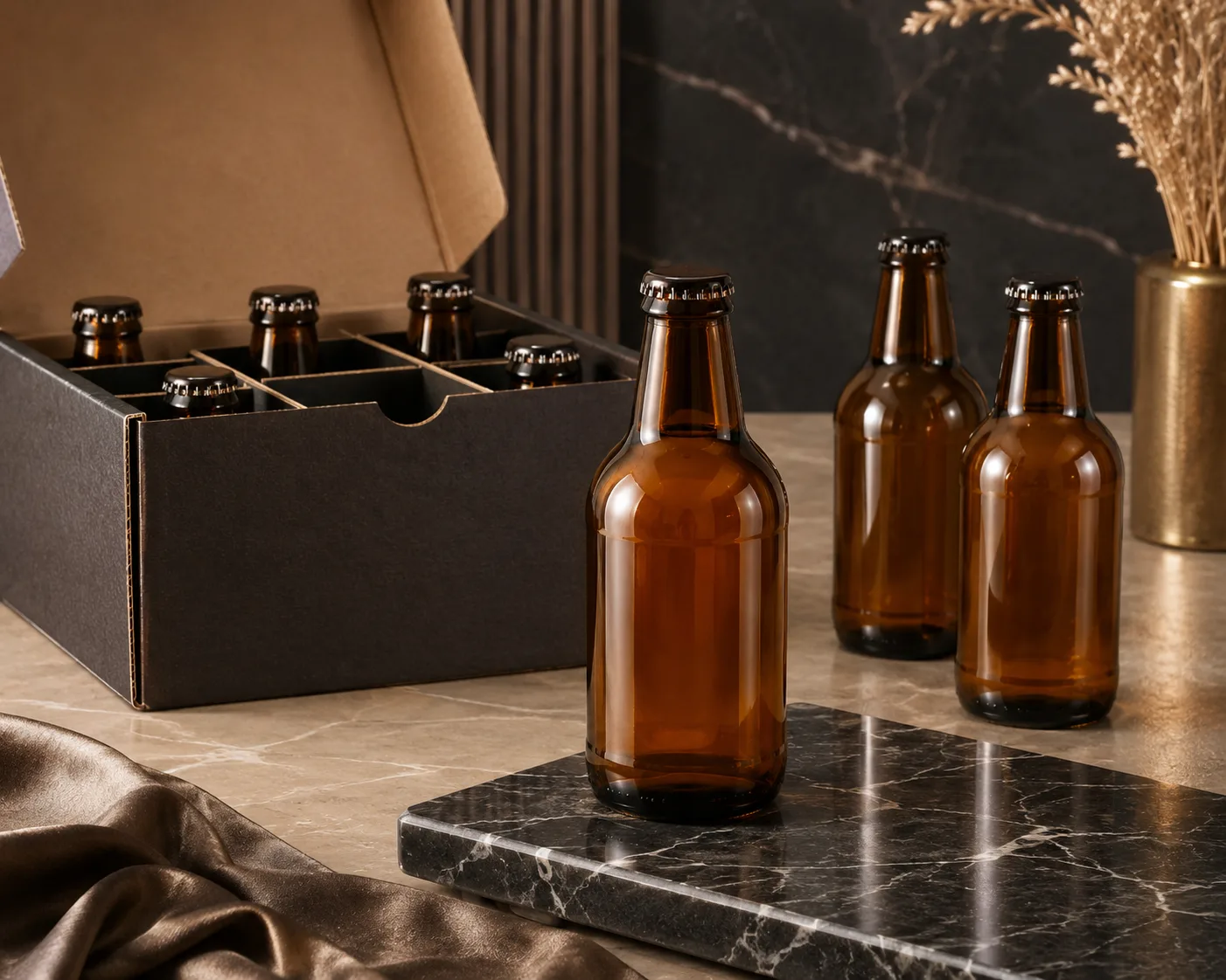 Close-up of Amber Glass Stubby Beer Bottle showing the shoulder, base and glass finish.
