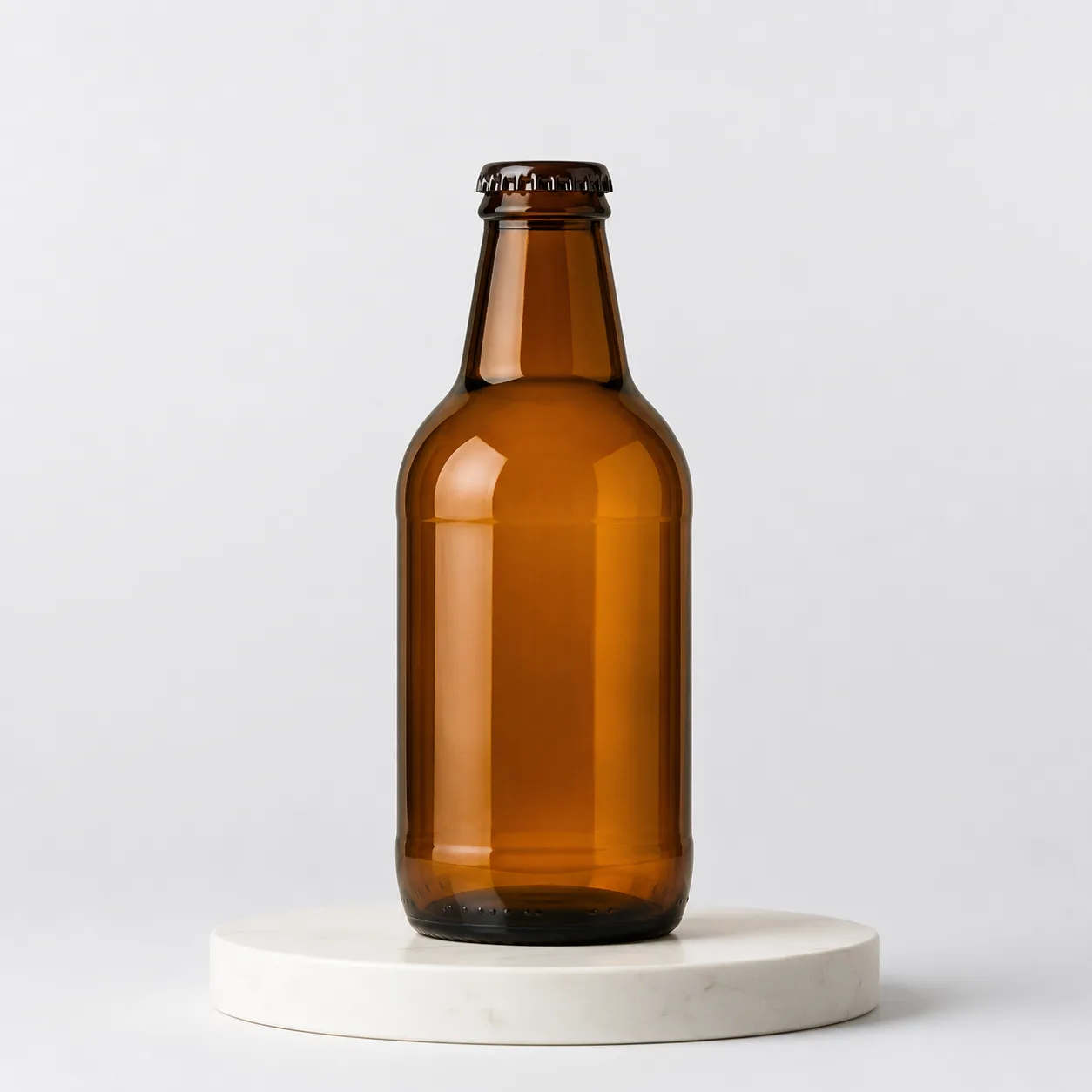 Amber Glass Stubby Beer Bottle front view with visible amber stubby beer bottle form