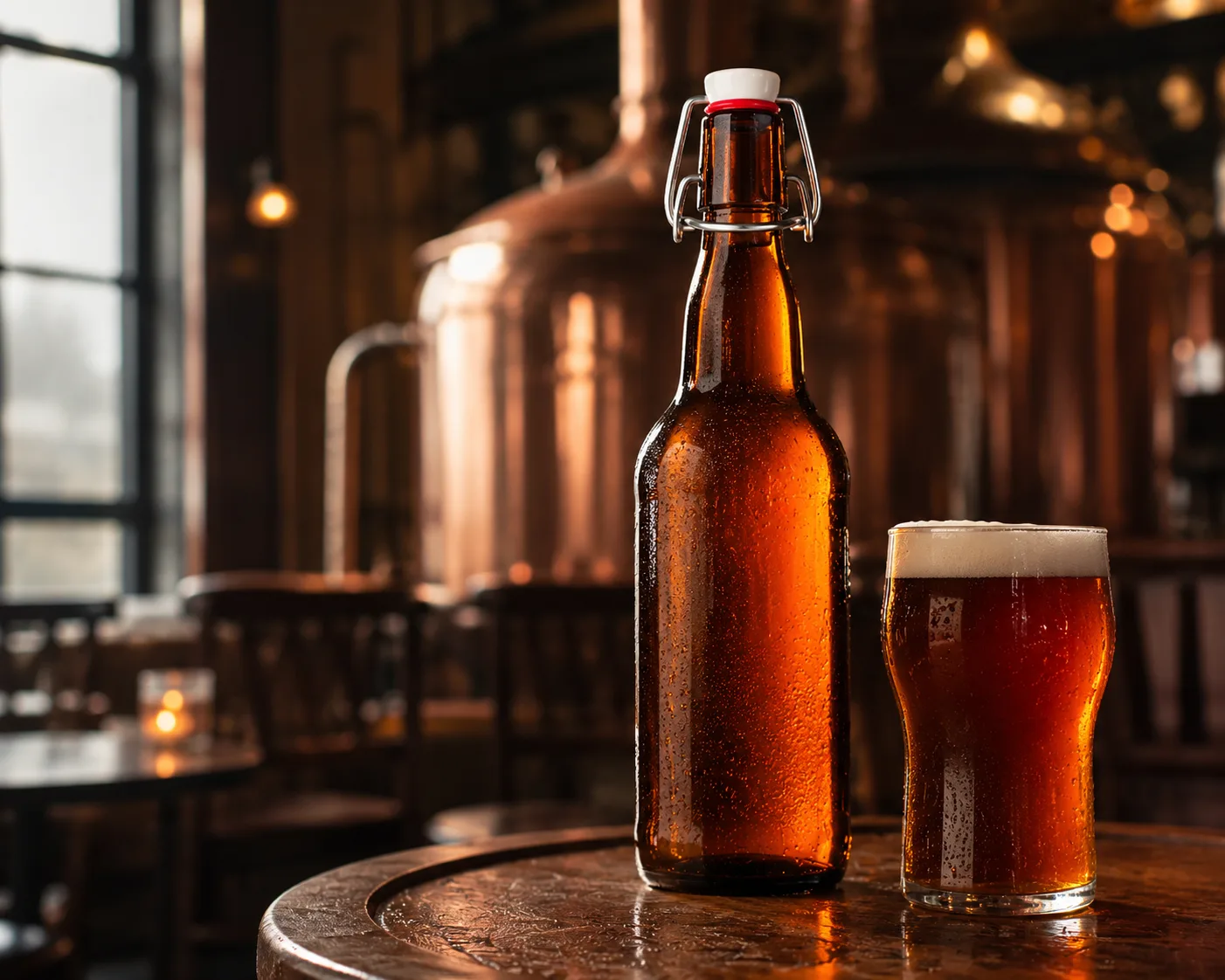 Amber Glass Swing-Top Beverage Bottle in an amber glass packaging display for beer and kombucha.