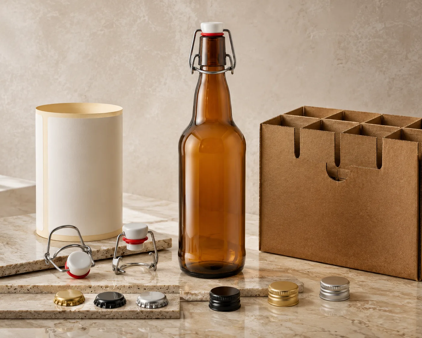 Amber Glass Swing-Top Beverage Bottle in a secondary view highlighting the label area and amber glass color.