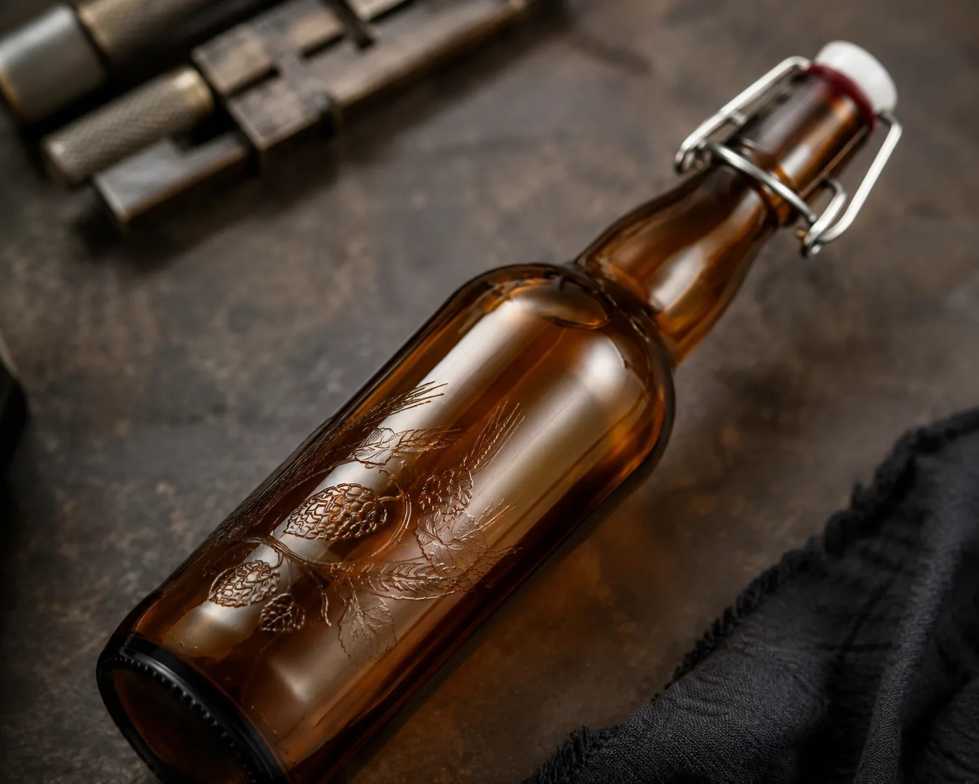 Amber Glass Swing-Top Beverage Bottle in a coordinated amber glass product presentation.