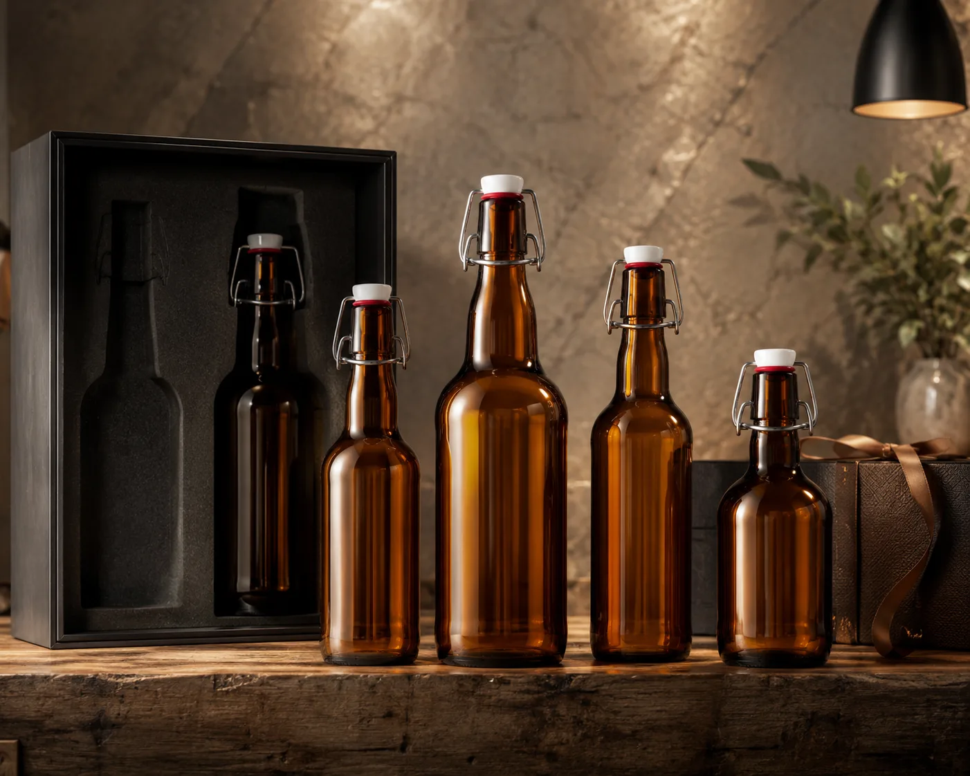 Close-up of Amber Glass Swing-Top Beverage Bottle showing the shoulder, base and glass finish.