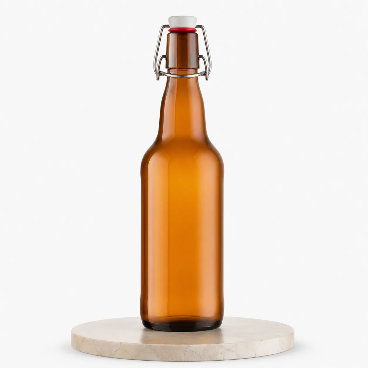 Amber Glass Swing-Top Beverage Bottle front view with visible amber swing-top beverage bottle form