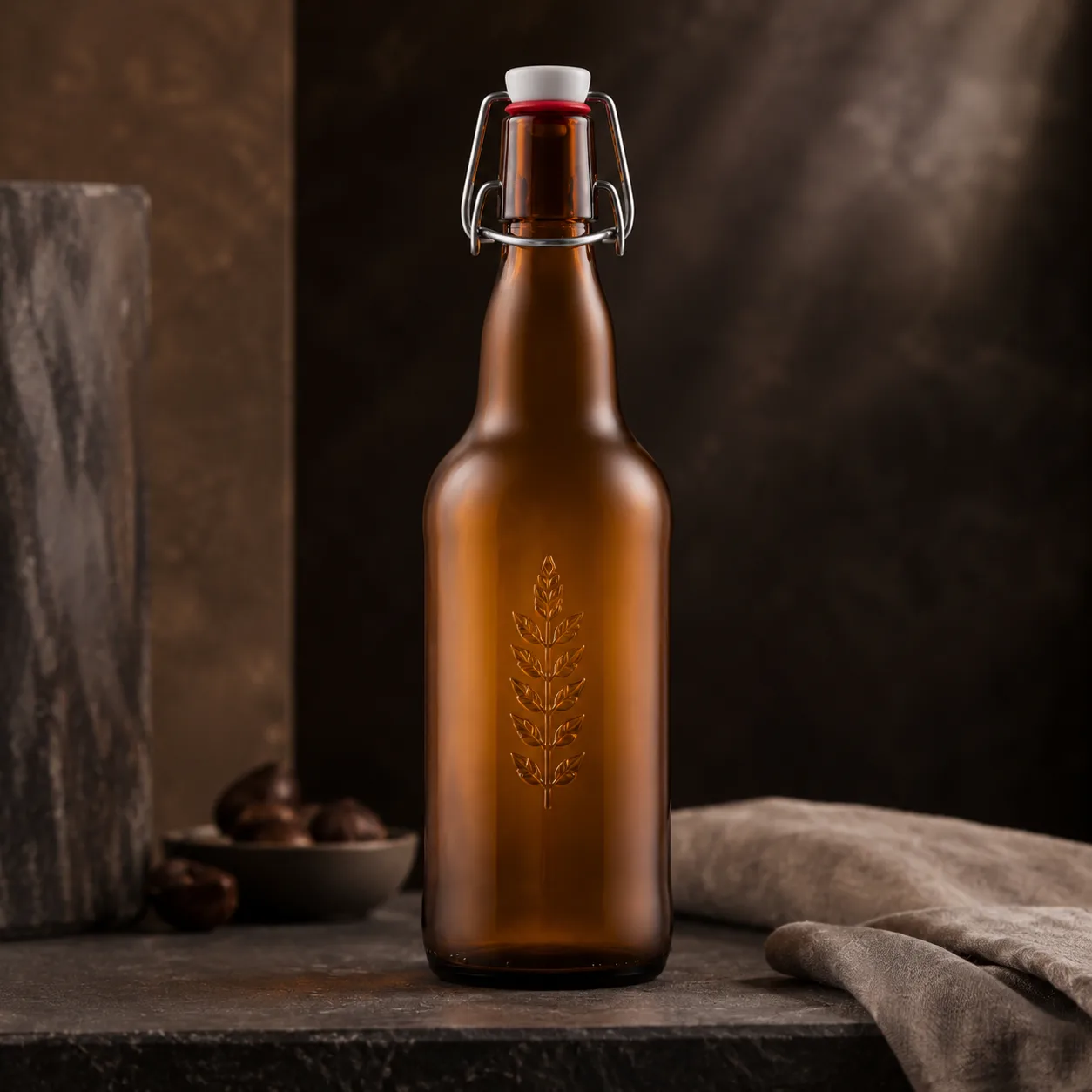Detail view of Amber Glass Swing-Top Beverage Bottle showing swing-top closure by confirmed model