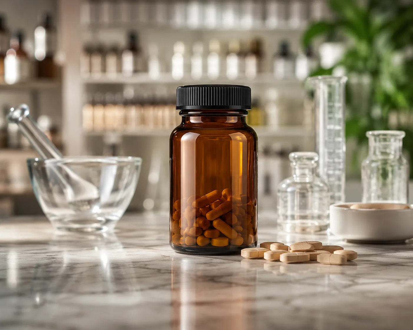 Amber Glass Tablet and Capsule Bottle in an amber glass packaging display for tablets and capsules.