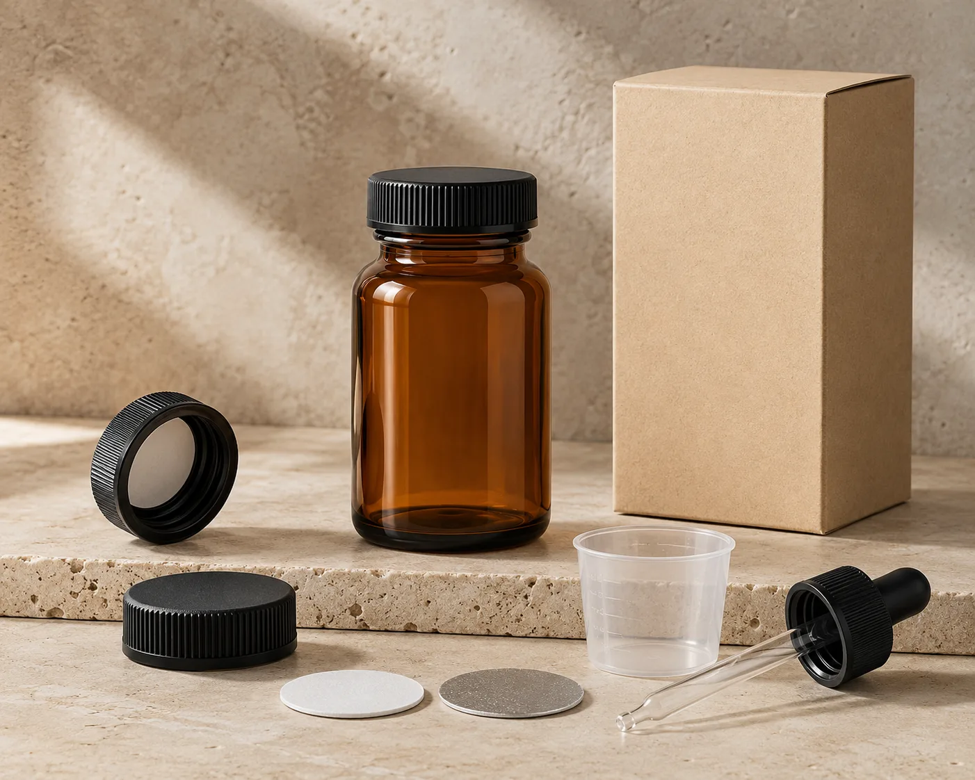 Amber Glass Tablet and Capsule Bottle in a secondary view highlighting the label area and amber glass color.