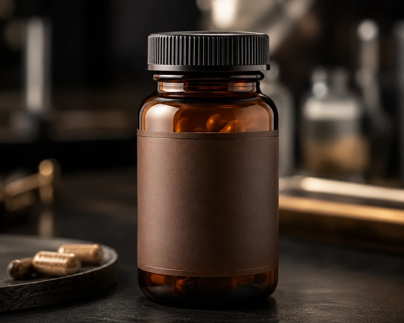 Amber Glass Tablet and Capsule Bottle in a coordinated amber glass product presentation.