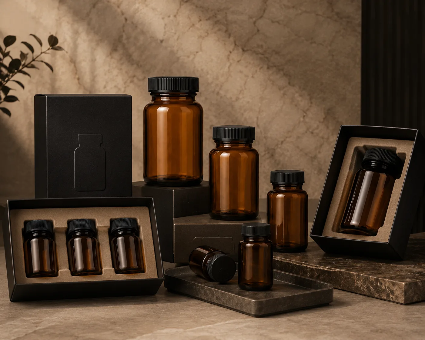 Close-up of Amber Glass Tablet and Capsule Bottle showing the shoulder, base and glass finish.