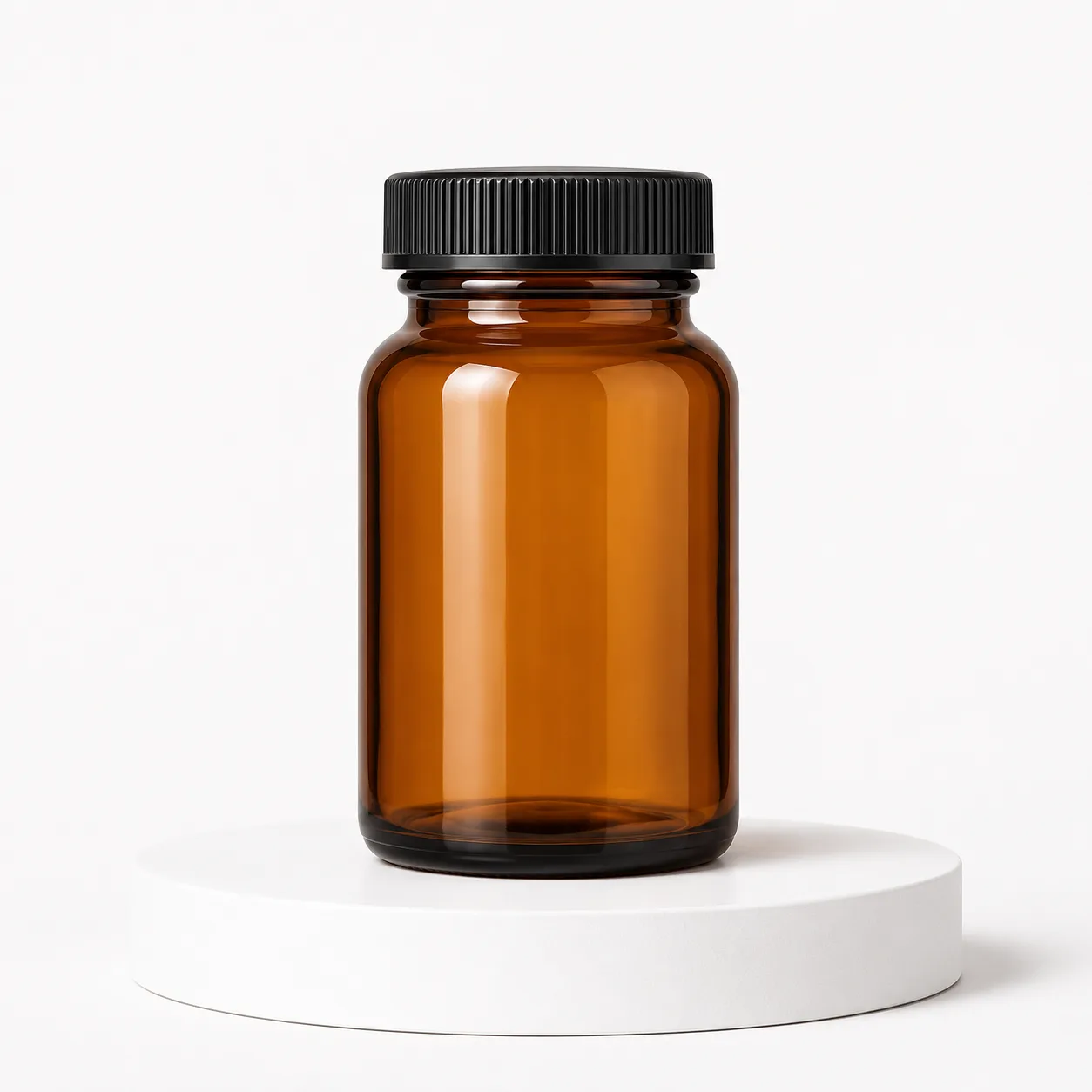 Amber Glass Tablet and Capsule Bottle front view with visible amber tablet and capsule bottle form