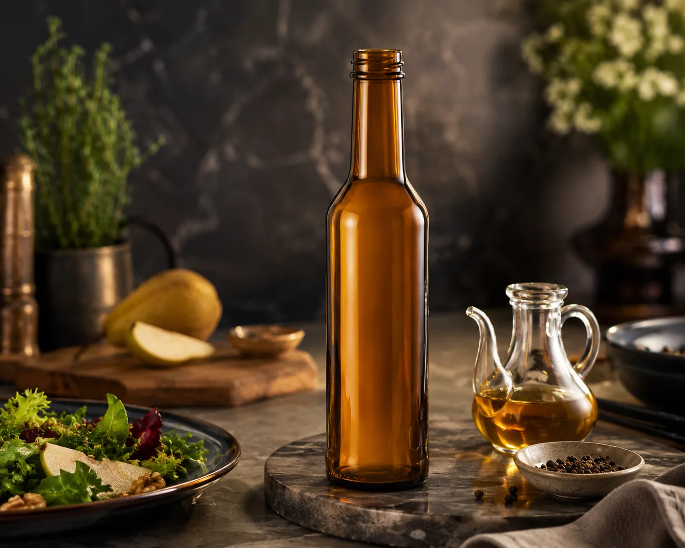 Amber Glass Vinegar Bottle in an amber glass packaging display for vinegar and sauces.