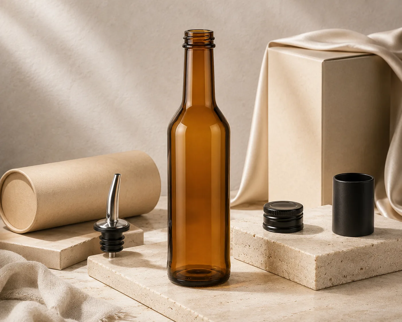 Amber Glass Vinegar Bottle in a secondary view highlighting the label area and amber glass color.