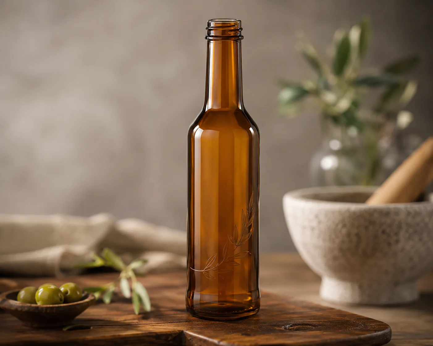 Amber Glass Vinegar Bottle in a coordinated amber glass product presentation.