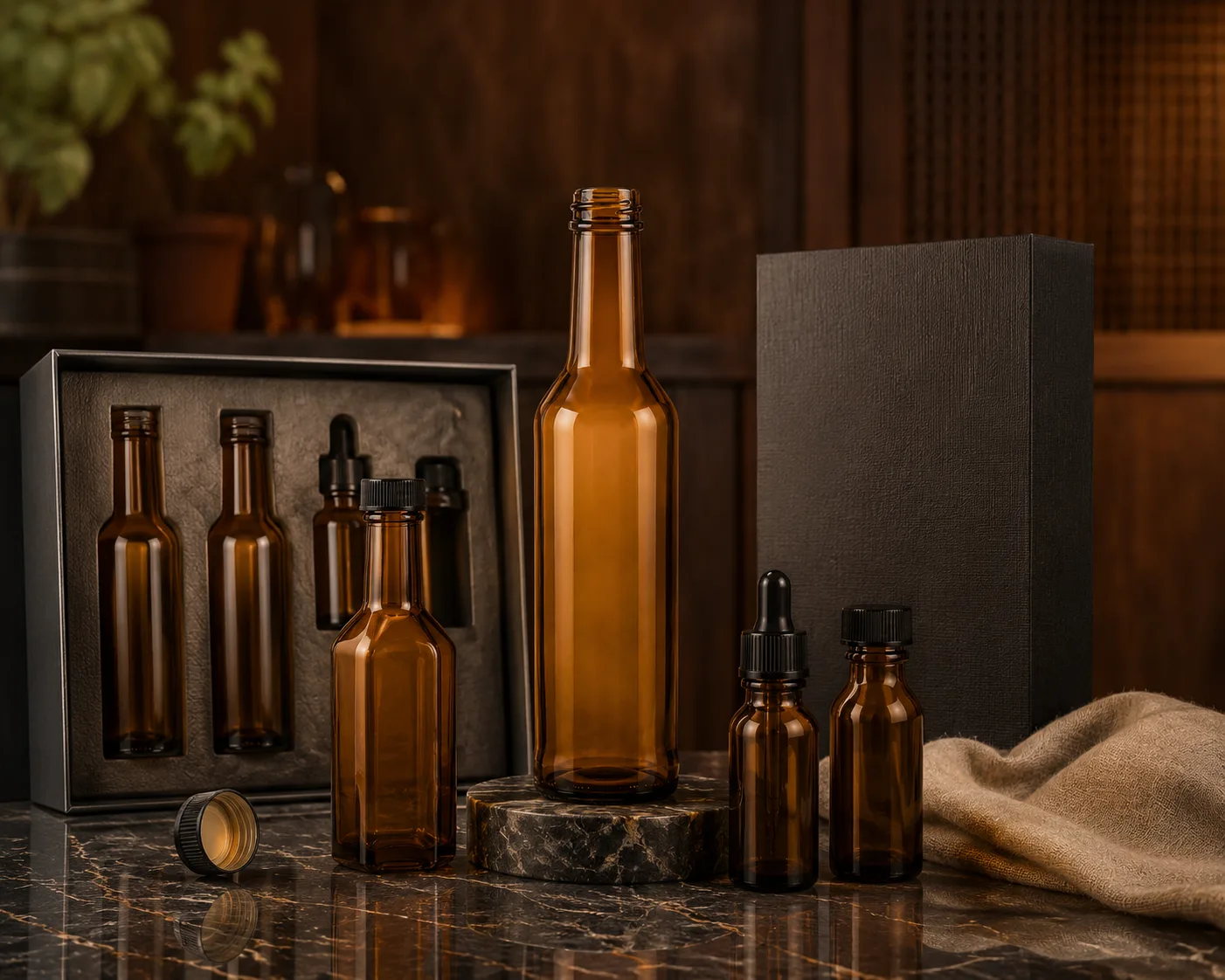 Close-up of Amber Glass Vinegar Bottle showing the shoulder, base and glass finish.