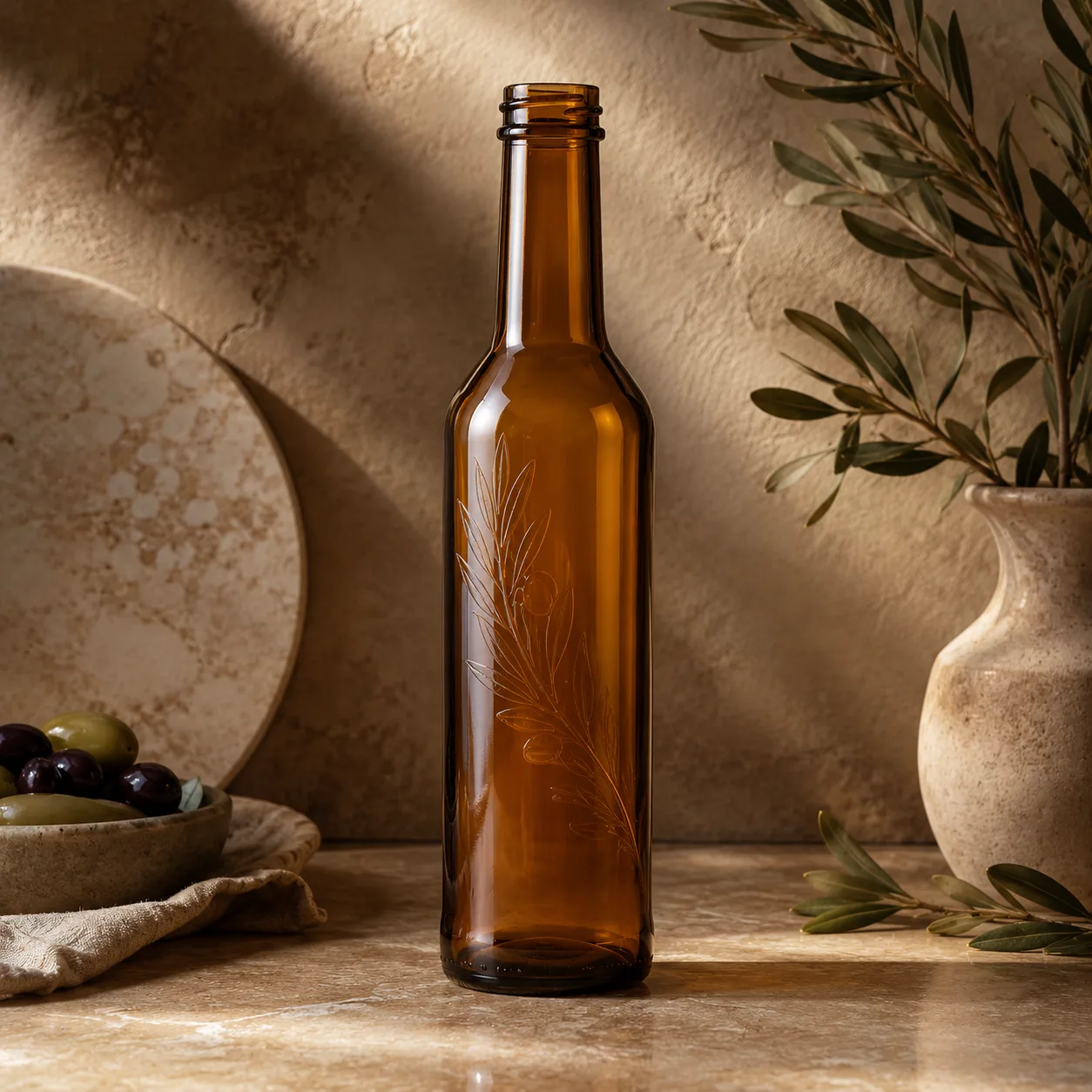 Amber Glass Vinegar Bottle closure, neck finish and base detail