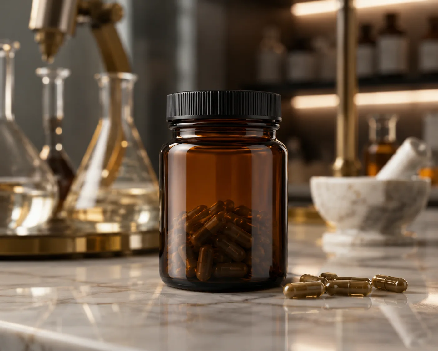 Amber Glass Wide-Mouth Jar in an amber glass packaging display for dry goodss and tablets.