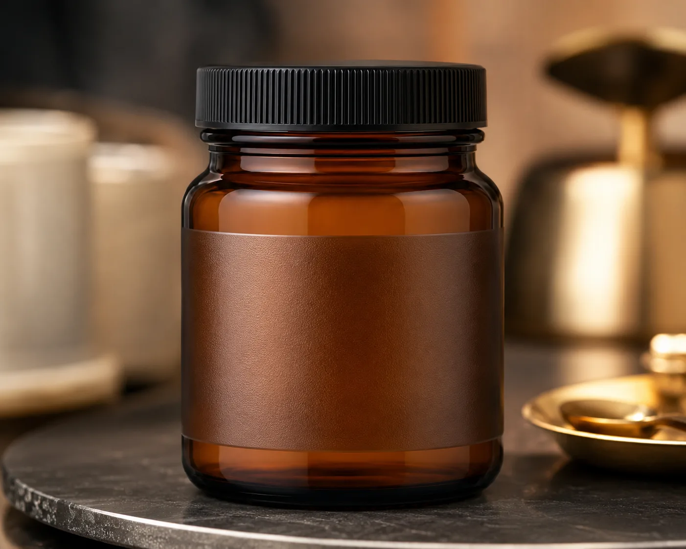 Amber Glass Wide-Mouth Jar in a coordinated amber glass product presentation.