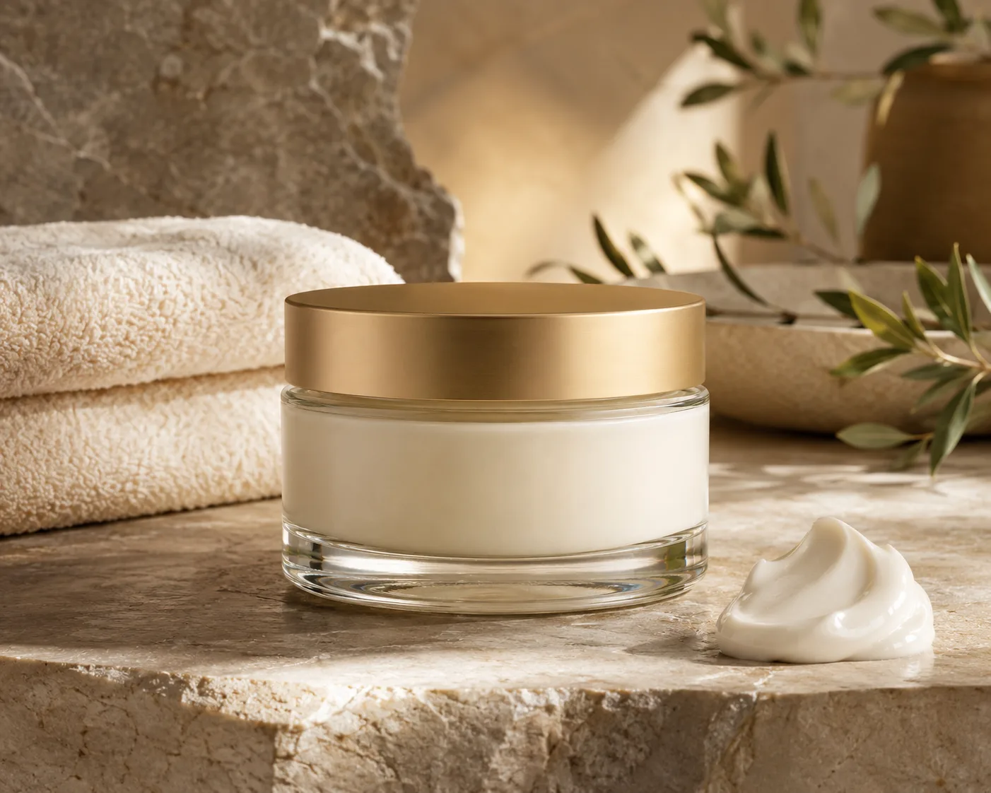 Glass Body Butter Jar in a cosmetic packaging display for body butter and balm.