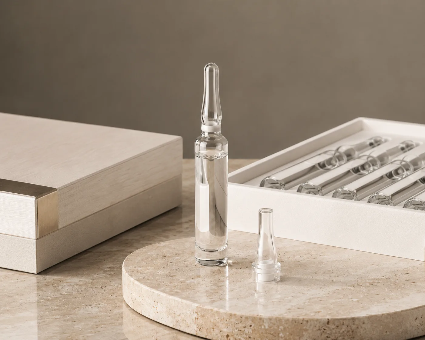 Glass Cosmetic Ampoule in a cosmetic packaging display for concentrated skincare formulas and sample programs.
