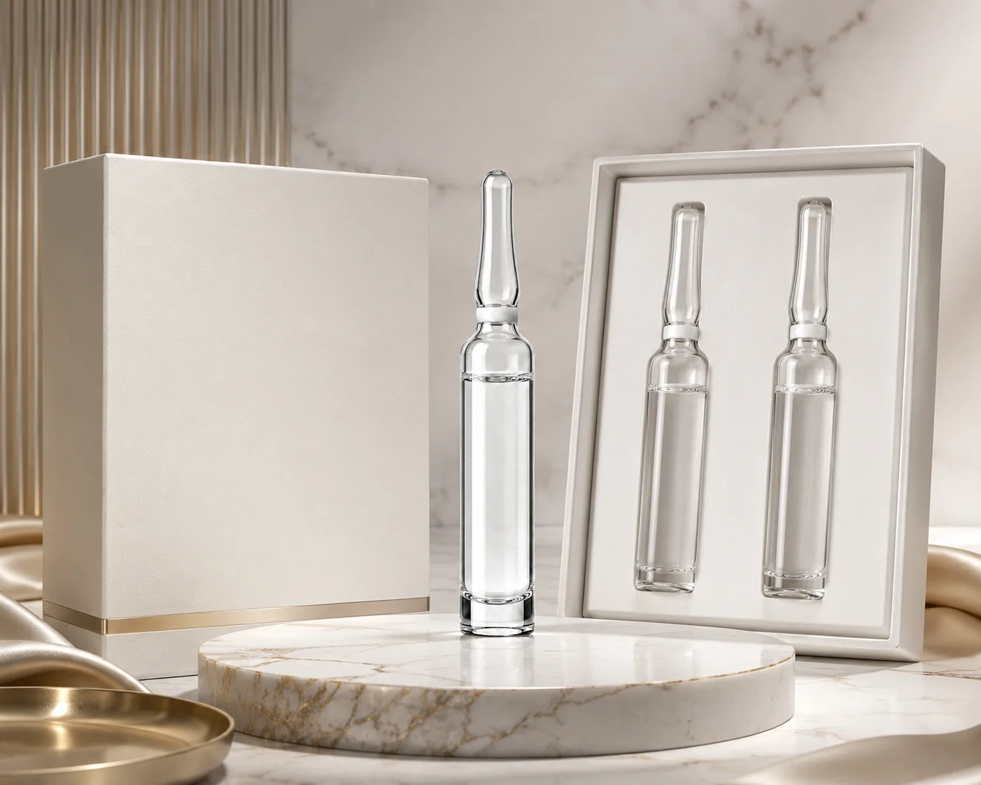 Glass Cosmetic Ampoule in a coordinated skincare packaging presentation.