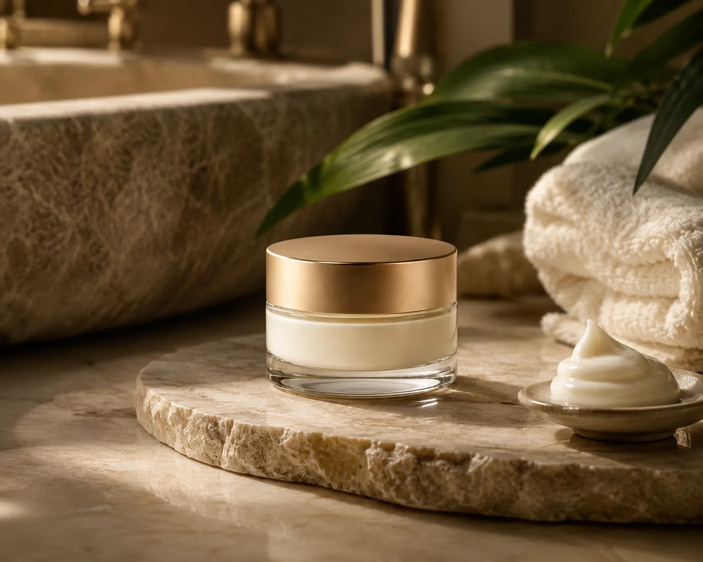 Glass Cosmetic Balm Jar in a cosmetic packaging display for balms and salves.