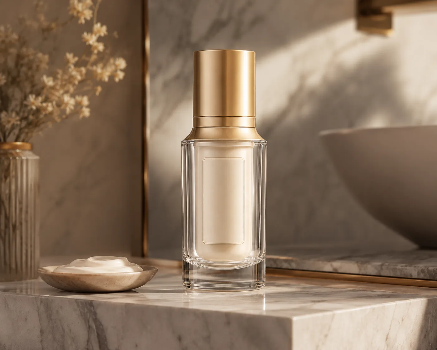 Glass Cosmetic Bottle in a cosmetic packaging display for Cosmetic skincare and cosmetic packaging programs.