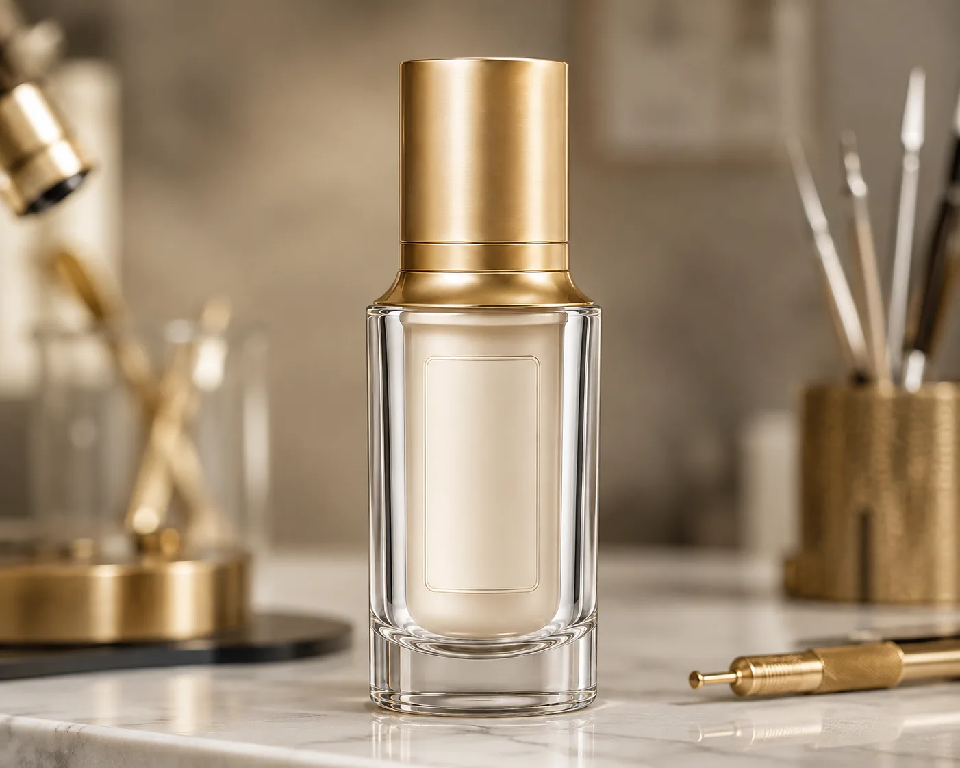 Glass Cosmetic Bottle in a coordinated skincare packaging presentation.